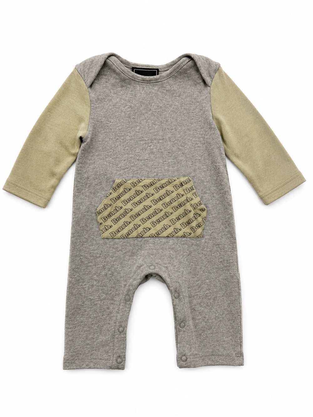 Bench Grey Body Olive Sleeve Baby Romper with Logo Pocket